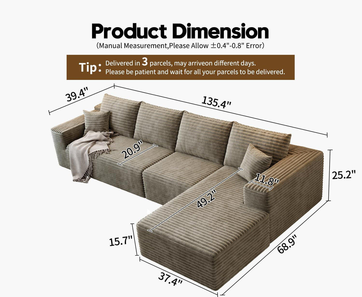 107.5" Cloud Modular Sectional Sofa Couch with L-Shape Chaise,Modern Minimalist Upholstered Couches for Living Room Bedroom,Deep Seat Corner Couch .No Assembly Required (Black,Left Facing Chaise)