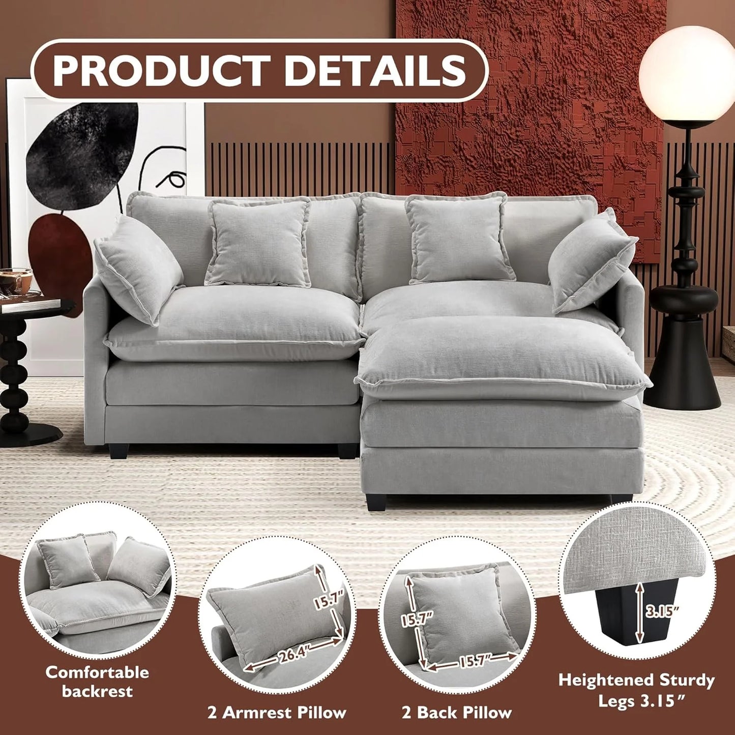 111.4 Inch L-Shaped Modern Sofa Modular Cloud Sofa Ottoman 4-Seater Chenille Deep Seat Sofa