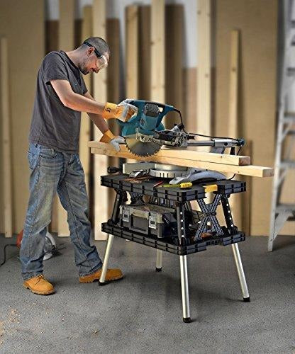 Keter C 197283 Folding Table Work Bench for Miter Saw Stand, Woodworking Tools and Accessories with Included 12 Inch Wood Clamps C Easy Garage Storage Black/Yellow