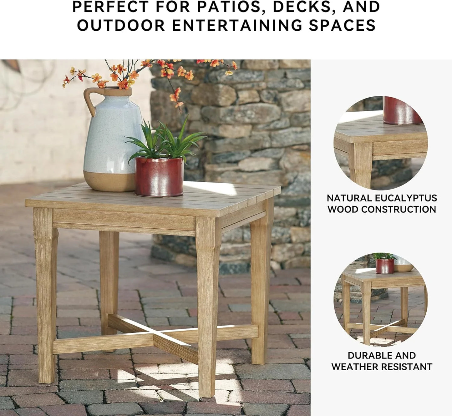 Signature Design by Ashley Clare View Coastal Outdoor Patio Eucalyptus Sofa with Cushions, Beige