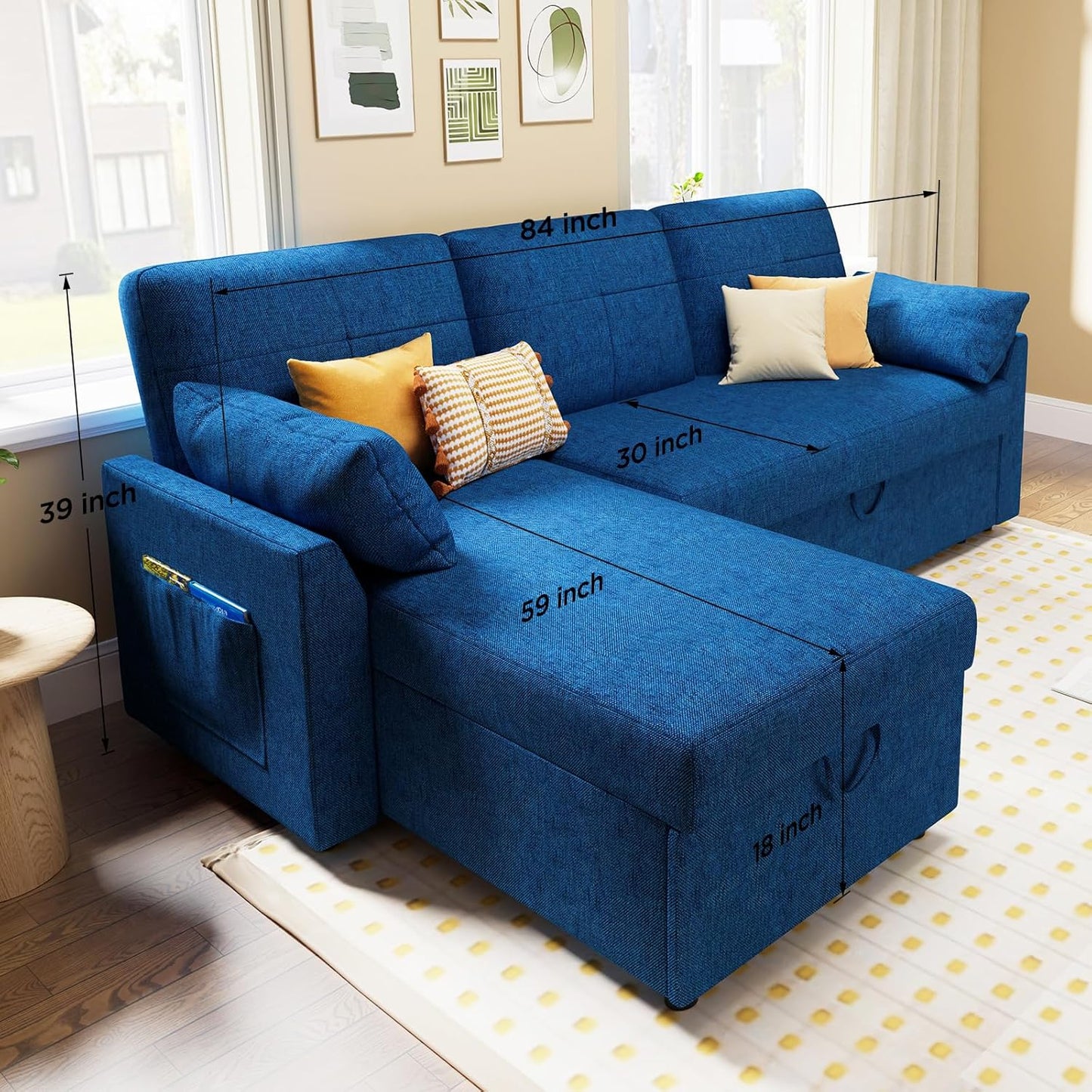 VanAcc Sofa Bed, Sleeper Sofa with Storage Chaise 2 in 1 Pull Out Couch Living Room