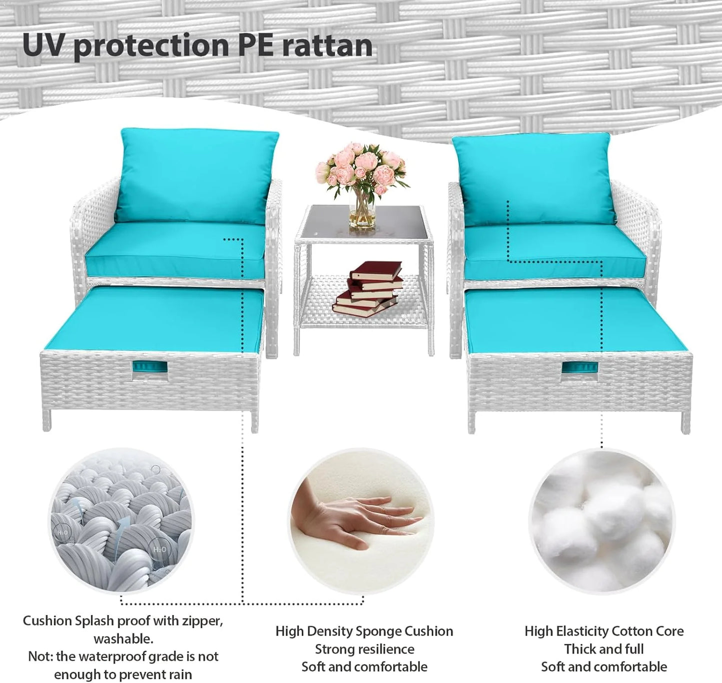 LEVELEVE Balcony Furniture 5 Piece Patio Conversation Set, PE Wicker Rattan Outdoor Lounge Chairs with Soft Cushions 2 Ottoman&Glass Table for Porch, Lawn-Brown Wicker