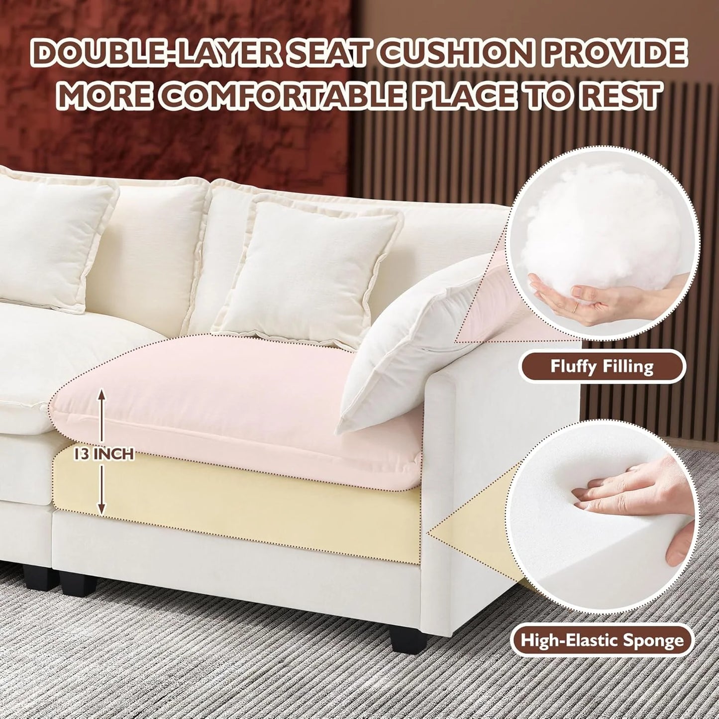 111.4 Inch L-Shaped Modern Sofa Modular Cloud Sofa Ottoman 4-Seater Chenille Deep Seat Sofa
