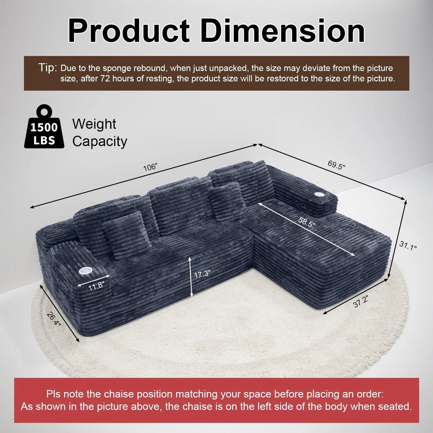 Cloud Sectional Couch with L-Shape Chaise Modern Modular Sofa Deep Seat Built-in Cup Holder
