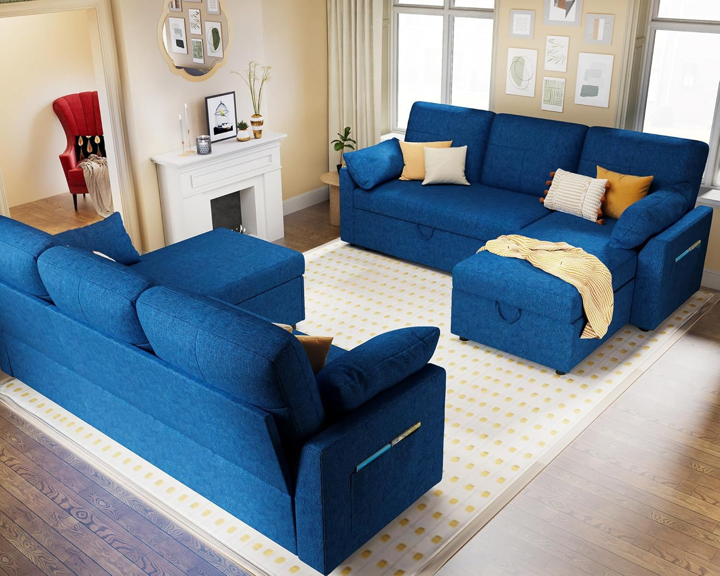 VanAcc Sofa Bed, Sleeper Sofa with Storage Chaise 2 in 1 Pull Out Couch Living Room