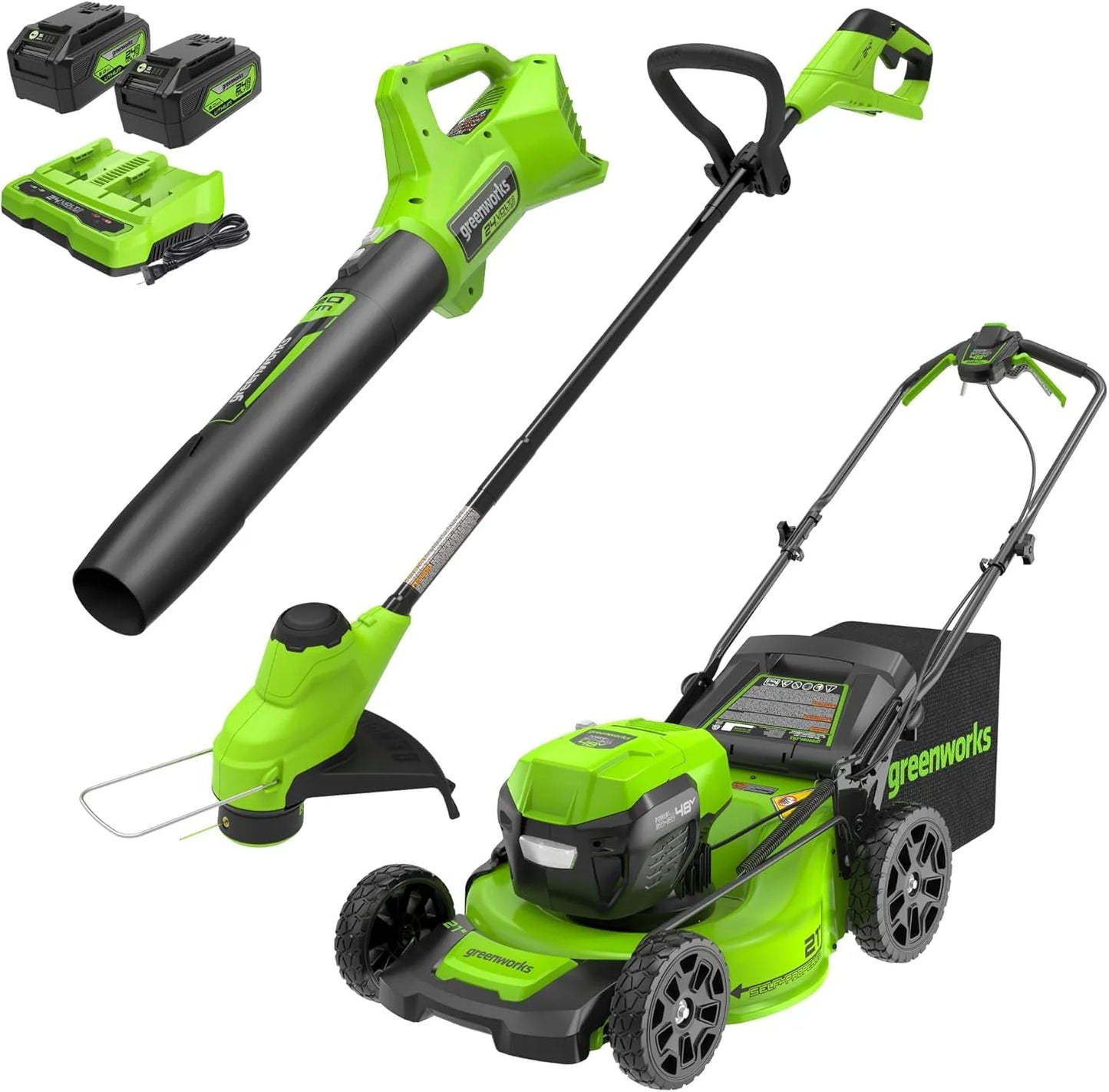 Greenworks 48V (24V x 2) 21" Brushless Self-Propelled Mower+12" String Trimmer+320CFM