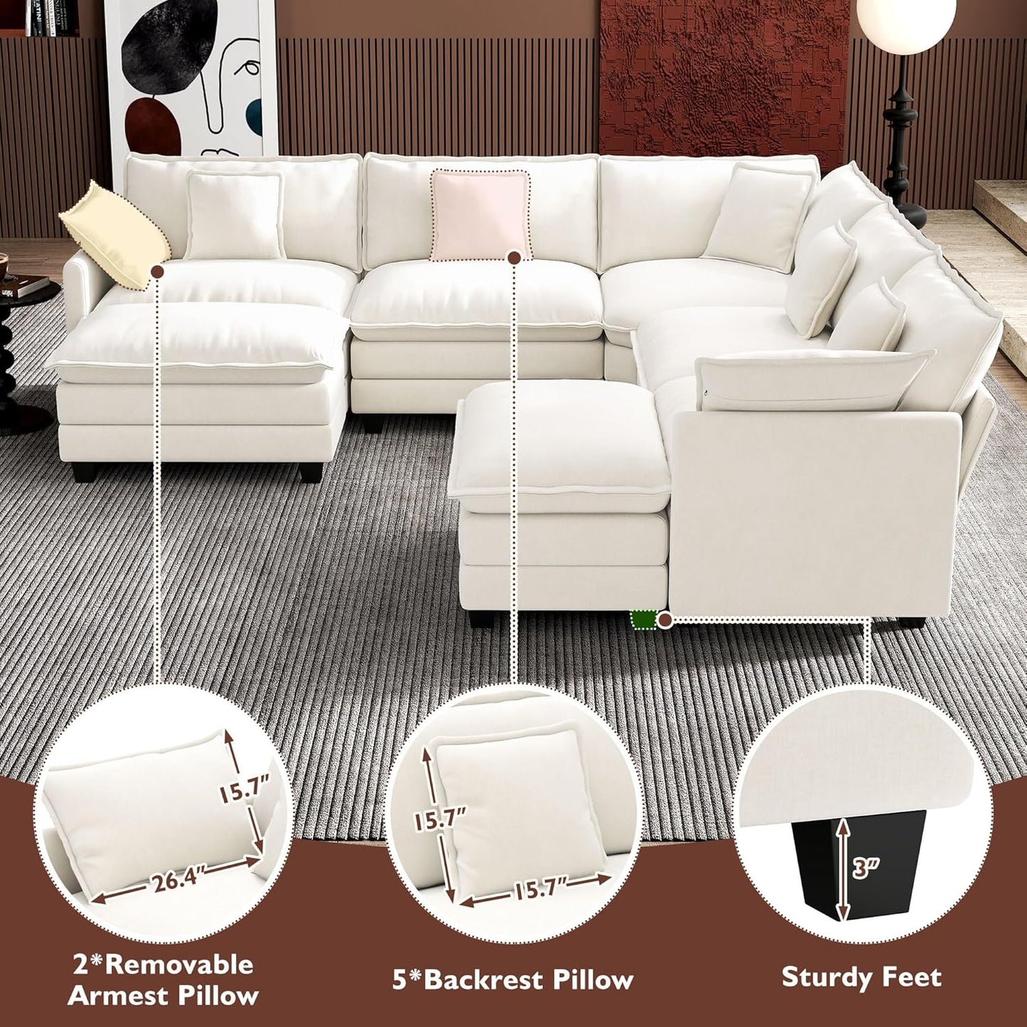 Ihanherry 146" U-Shaped Modern Sofa Modular Sectional Cloud Couch with 2 Ottoman, 6-Seat Chenille Deep Seat Sofa with 6 Pillows for Living Room, Bedroom and Apartment, Grey
