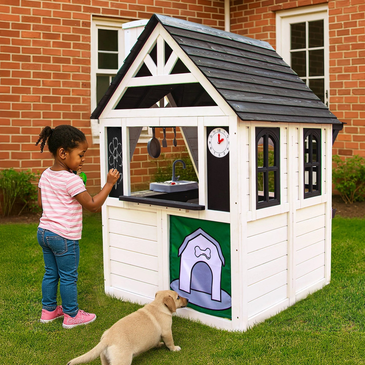 COCLUB Outdoor Playhouse for Kids Ages 4-8, Wooden Play House with Doorbell, Phone, Kitchen Toys, Outdoor Kids Play Equipment, Casa Para Ni?as (45L x 65H), White & Black
