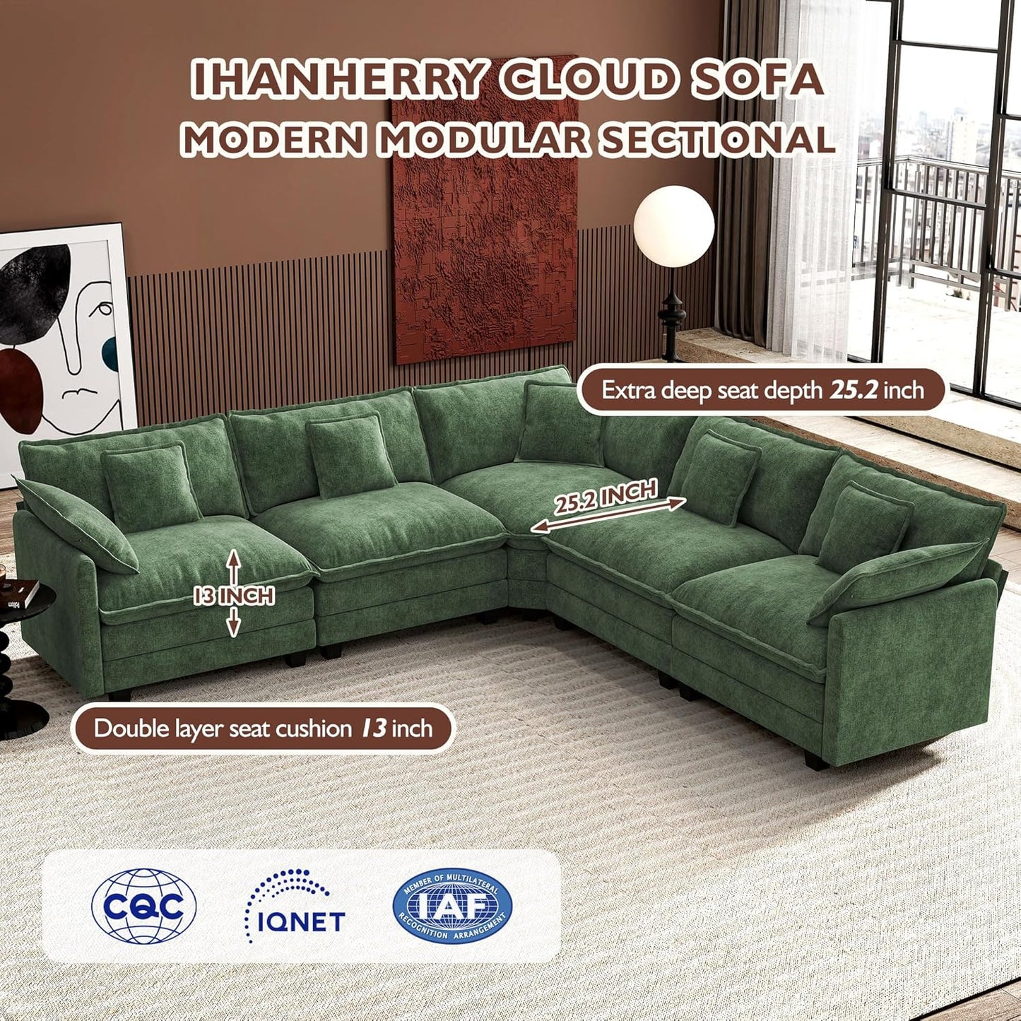 Ihanherry 146" U-Shaped Modern Sofa Modular Sectional Cloud Couch with 2 Ottoman, 6-Seat Chenille Deep Seat Sofa with 6 Pillows for Living Room, Bedroom and Apartment, Grey