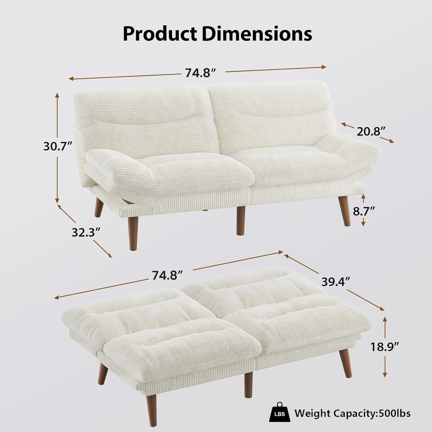 Pipishell Convertible Futon Sofa Bed,66" Corduroy Futon Couch with Adjustable Backrest and Armrests, Recliner Sleeper Sofa for Small Spaces, Play Room or Office, Grey