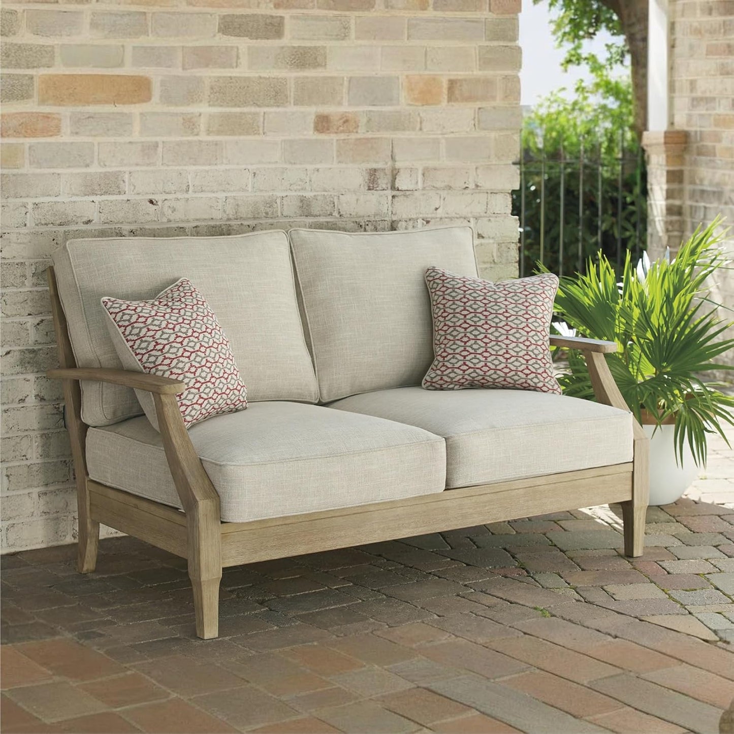 Signature Design by Ashley Clare View Coastal Outdoor Patio Eucalyptus Sofa with Cushions, Beige