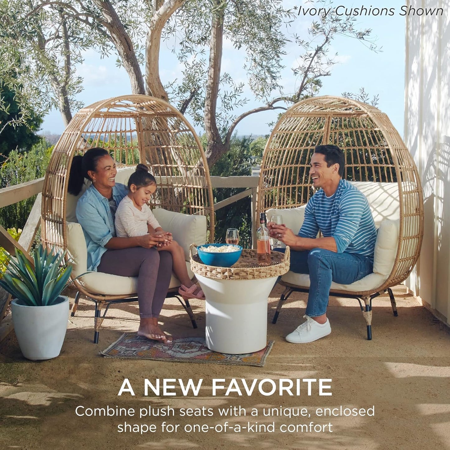 Best Choice Products Wicker Egg Chair Oversized Indoor Outdoor Lounger for Patio Backyard Living Room w/ 4 Cushions Steel Frame 440lb Capacity - Ivory