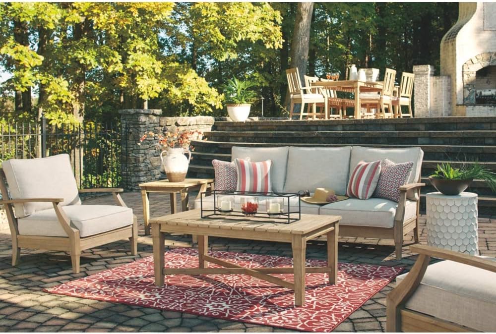 Signature Design by Ashley Clare View Coastal Outdoor Patio Eucalyptus Sofa with Cushions, Beige