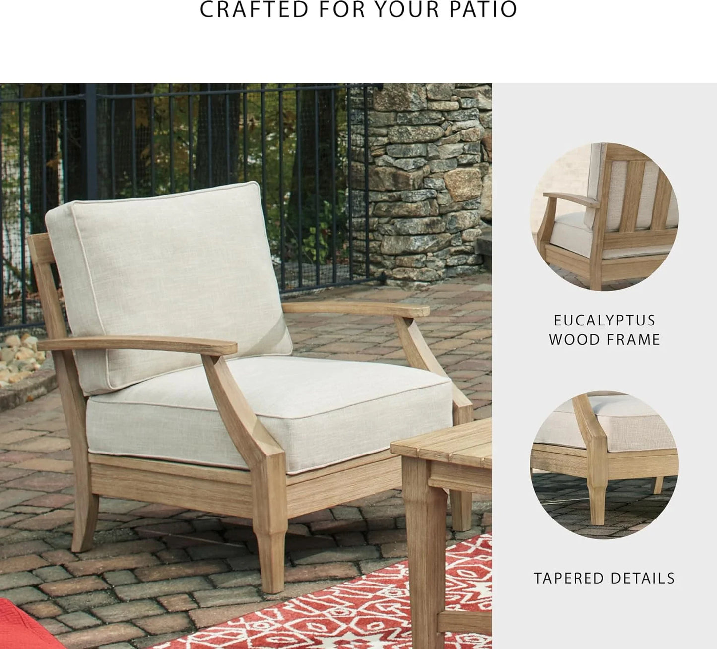Signature Design by Ashley Clare View Coastal Outdoor Patio Eucalyptus Sofa with Cushions, Beige
