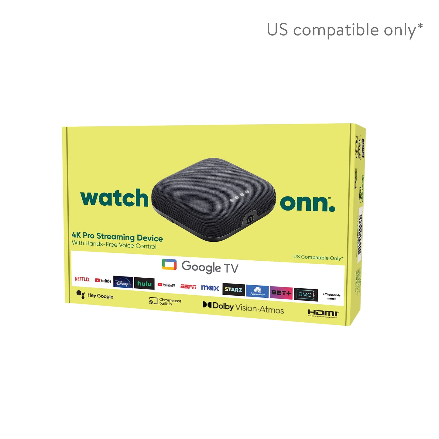 Onn. 4K Pro Streaming Device with Google TV, 4K UHD, Dolby Vision &amp; Atmos, Hands Free Voice Control, Wi Fi 6, Smart Hub