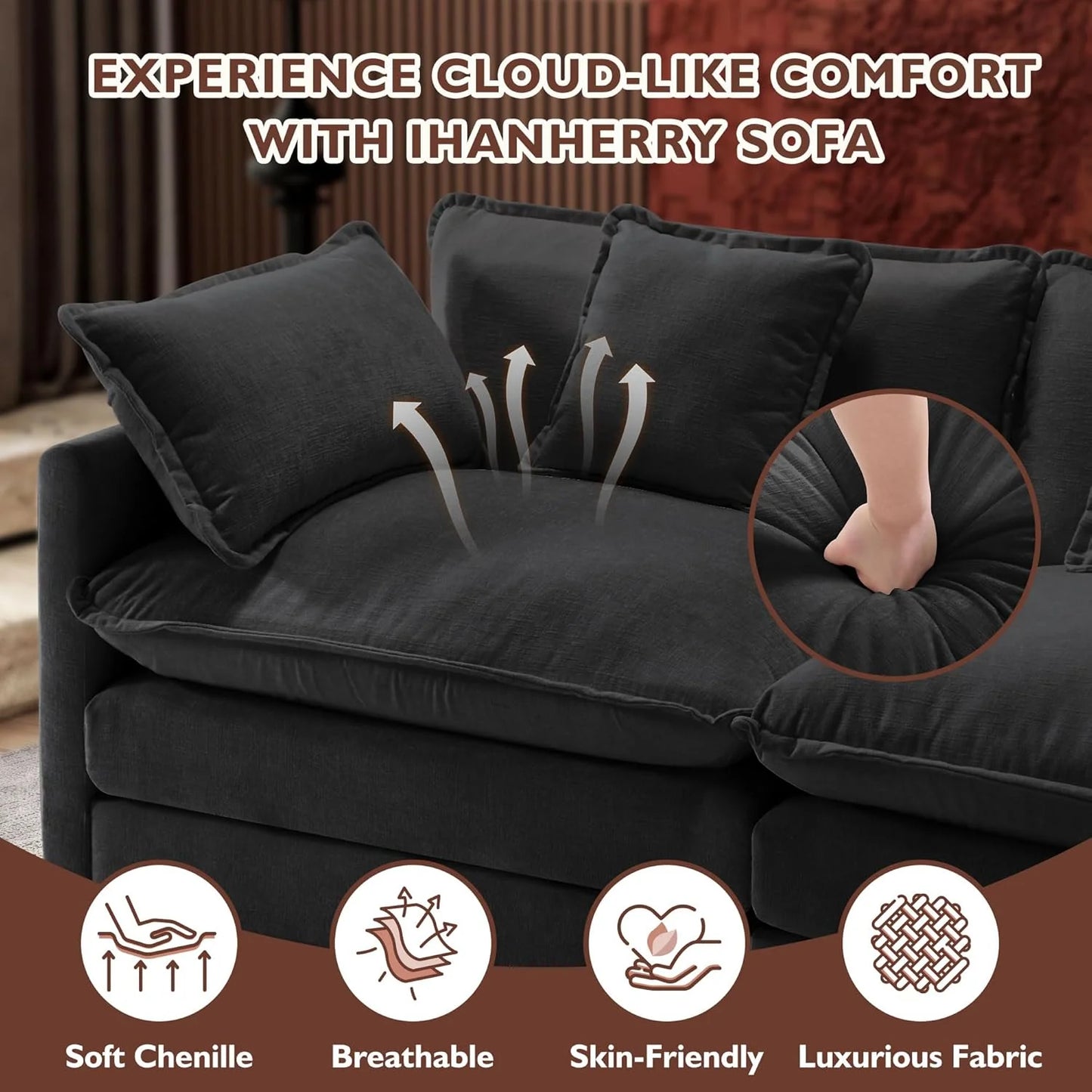 Ihanherry 146" U-Shaped Modern Sofa Modular Sectional Cloud Couch with 2 Ottoman, 6-Seat Chenille Deep Seat Sofa with 6 Pillows for Living Room, Bedroom and Apartment, Grey