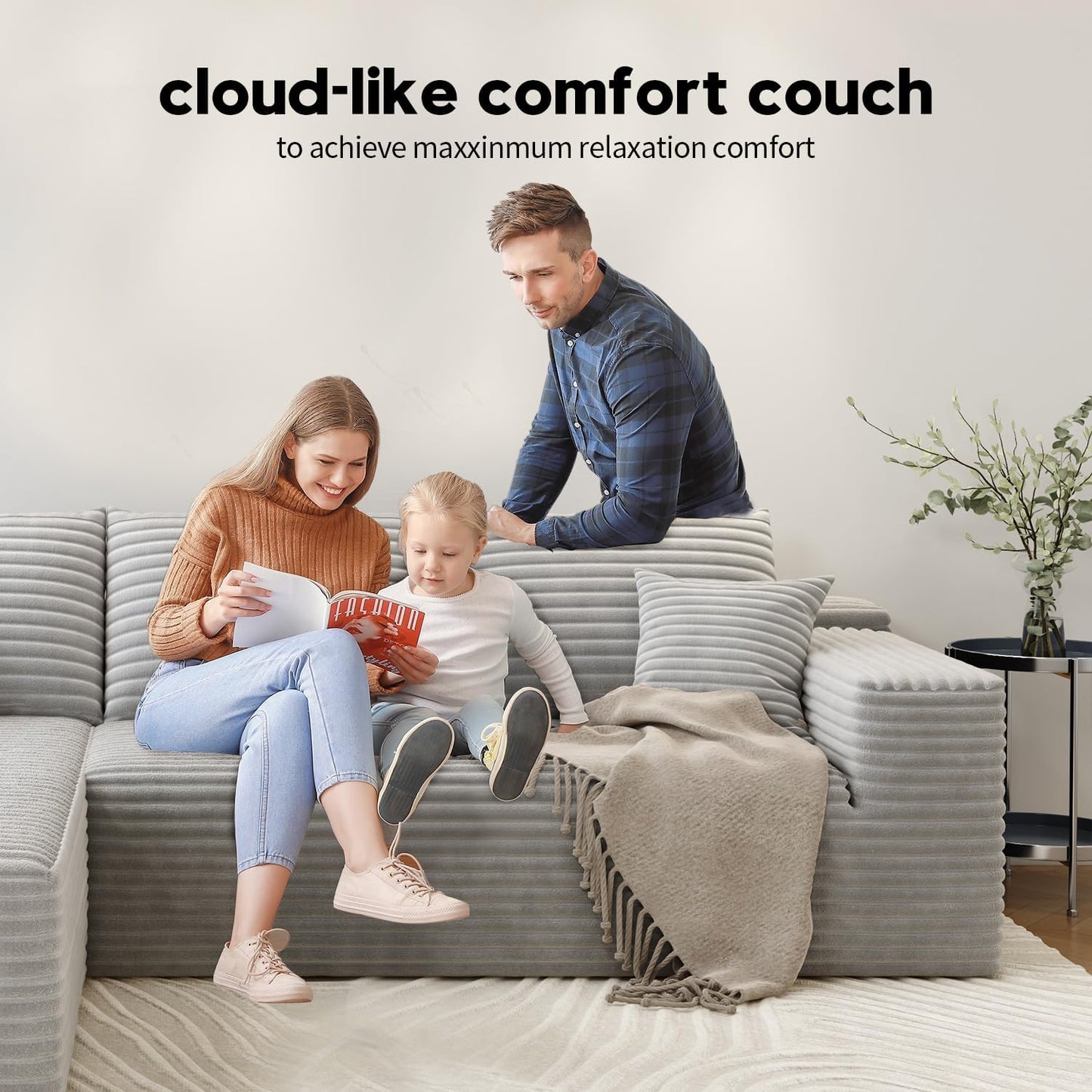 107.5" Cloud Modular Sectional Sofa Couch with L-Shape Chaise,Modern Minimalist Upholstered Couches for Living Room Bedroom,Deep Seat Corner Couch .No Assembly Required (Black,Left Facing Chaise)