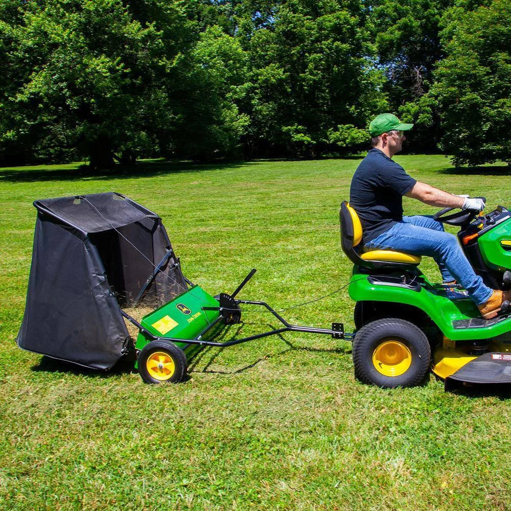 John Deere 42 trailed lawn sweeper, 24 cubic foot capacity, adjustable brushes