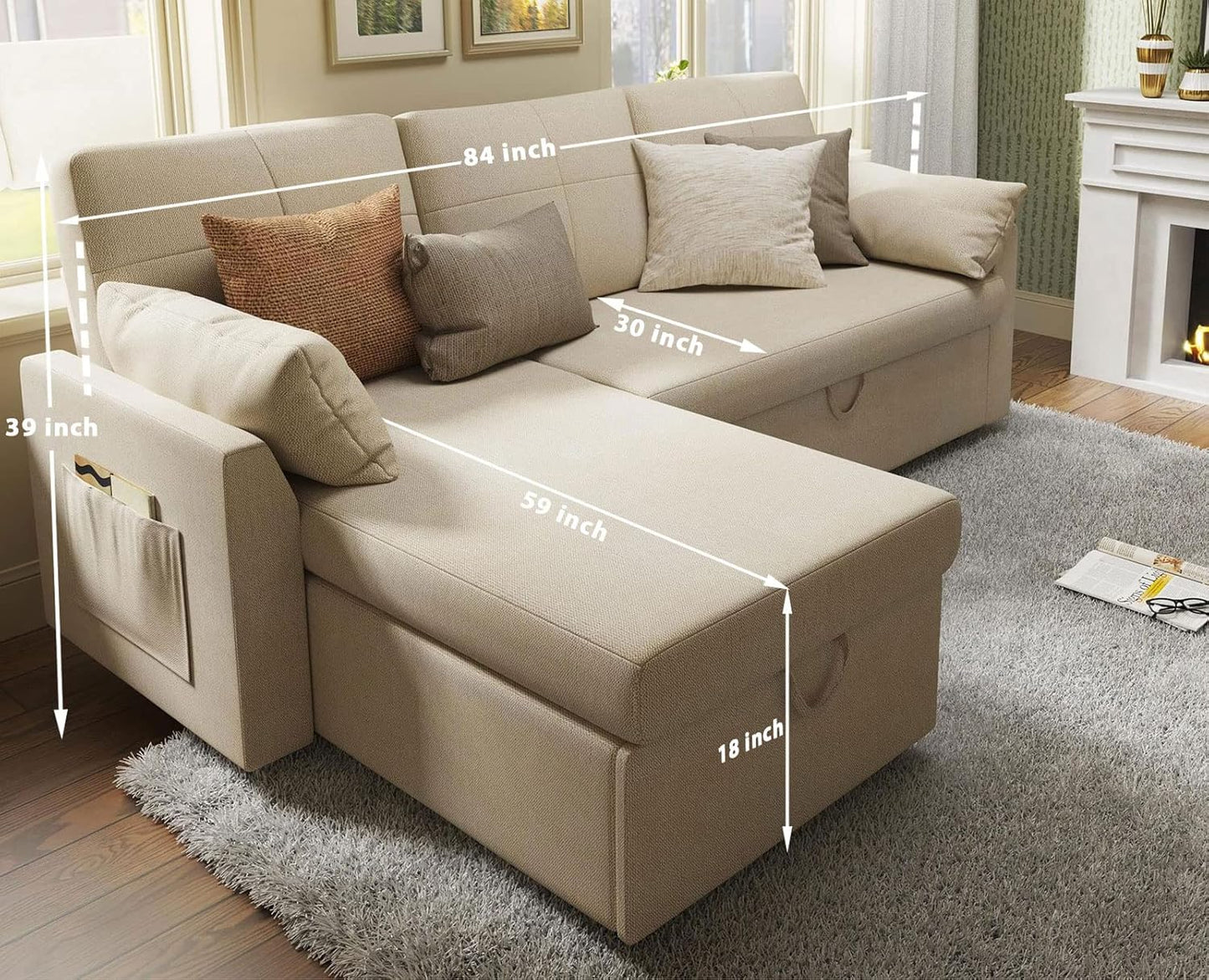 VanAcc Sofa Bed, Sleeper Sofa with Storage Chaise 2 in 1 Pull Out Couch Living Room