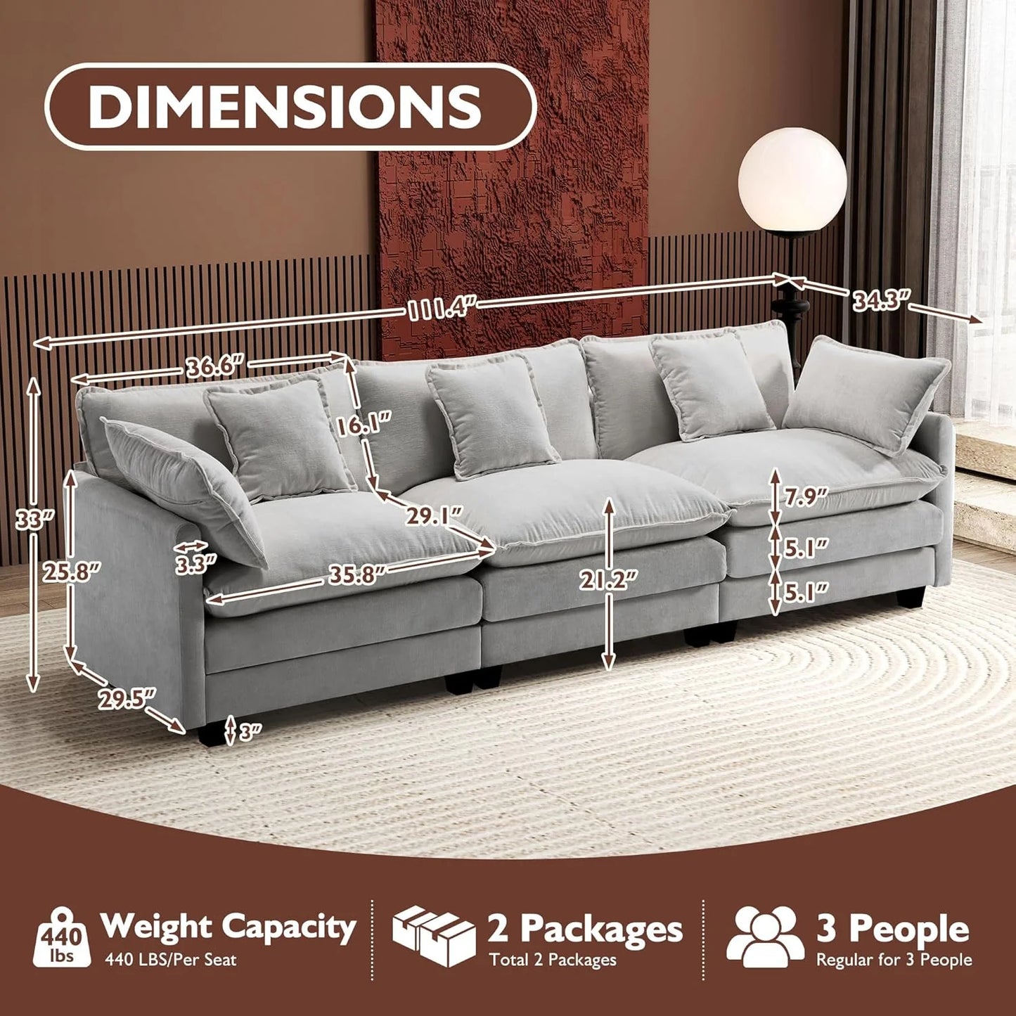 Ihanherry 146" U-Shaped Modern Sofa Modular Sectional Cloud Couch with 2 Ottoman, 6-Seat Chenille Deep Seat Sofa with 6 Pillows for Living Room, Bedroom and Apartment, Grey
