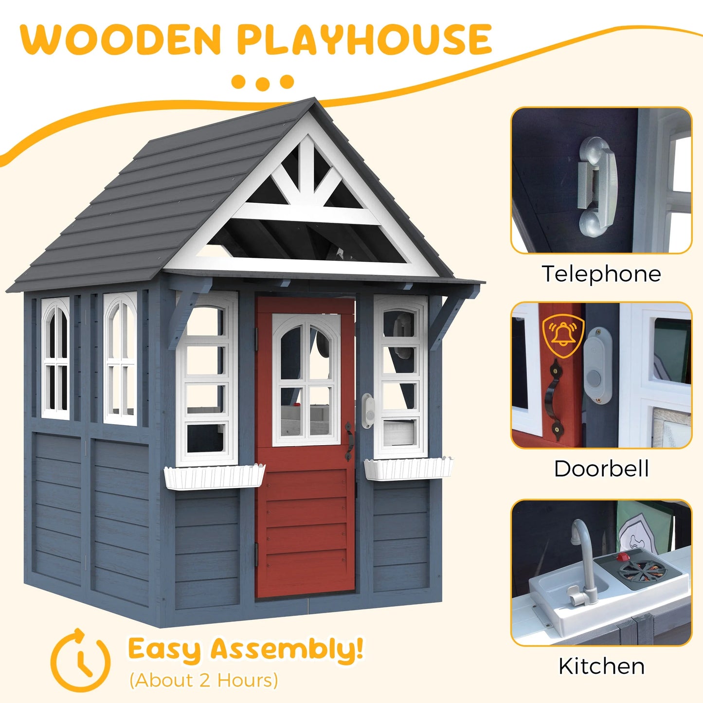 COCLUB Outdoor Playhouse for Kids Ages 4-8, Wooden Play House with Doorbell, Phone, Kitchen Toys, Outdoor Kids Play Equipment, Casa Para Ni?as (45L x 65H), White & Black