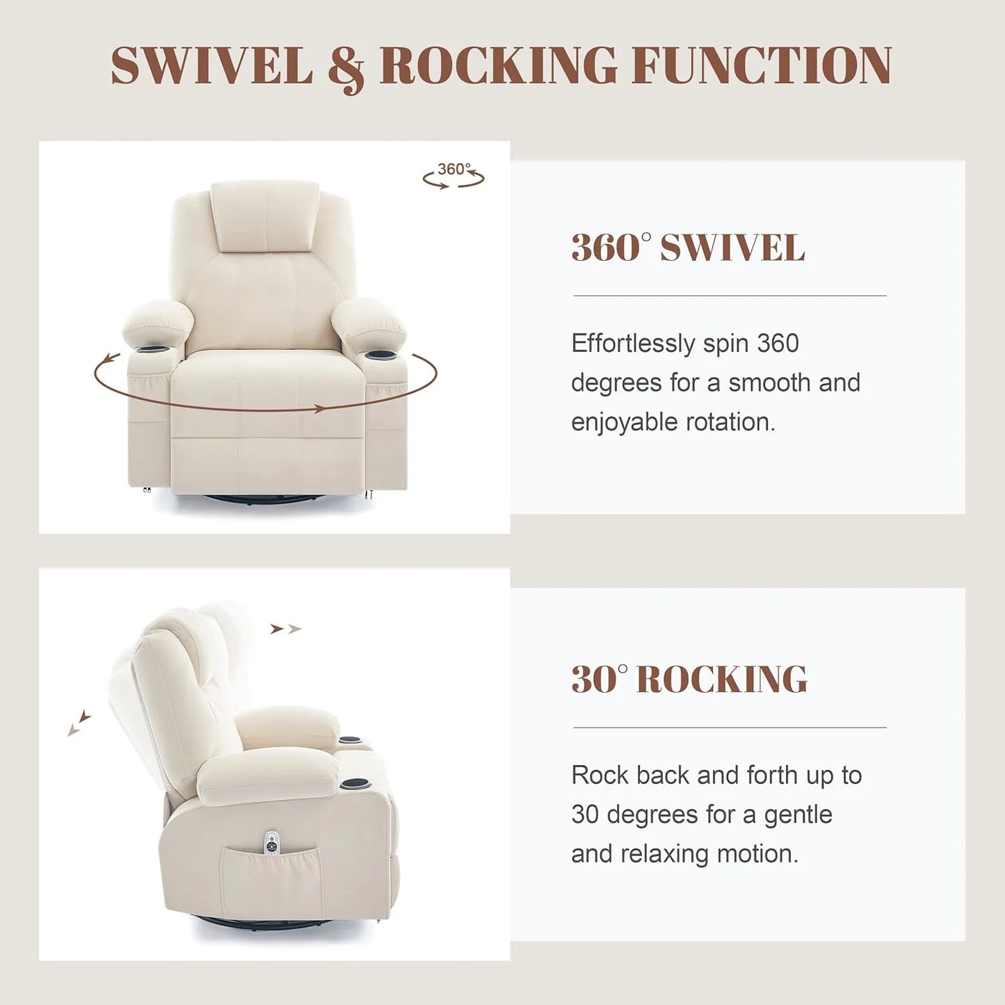 Oversized Swivel Rocker Recliner Chair with Heat and Massage, 360 Degree Swivel Rocking Single Sofa with Cup Holders and USB Port, Large Big Recliner Chair for Living Room (Leather, Brown)