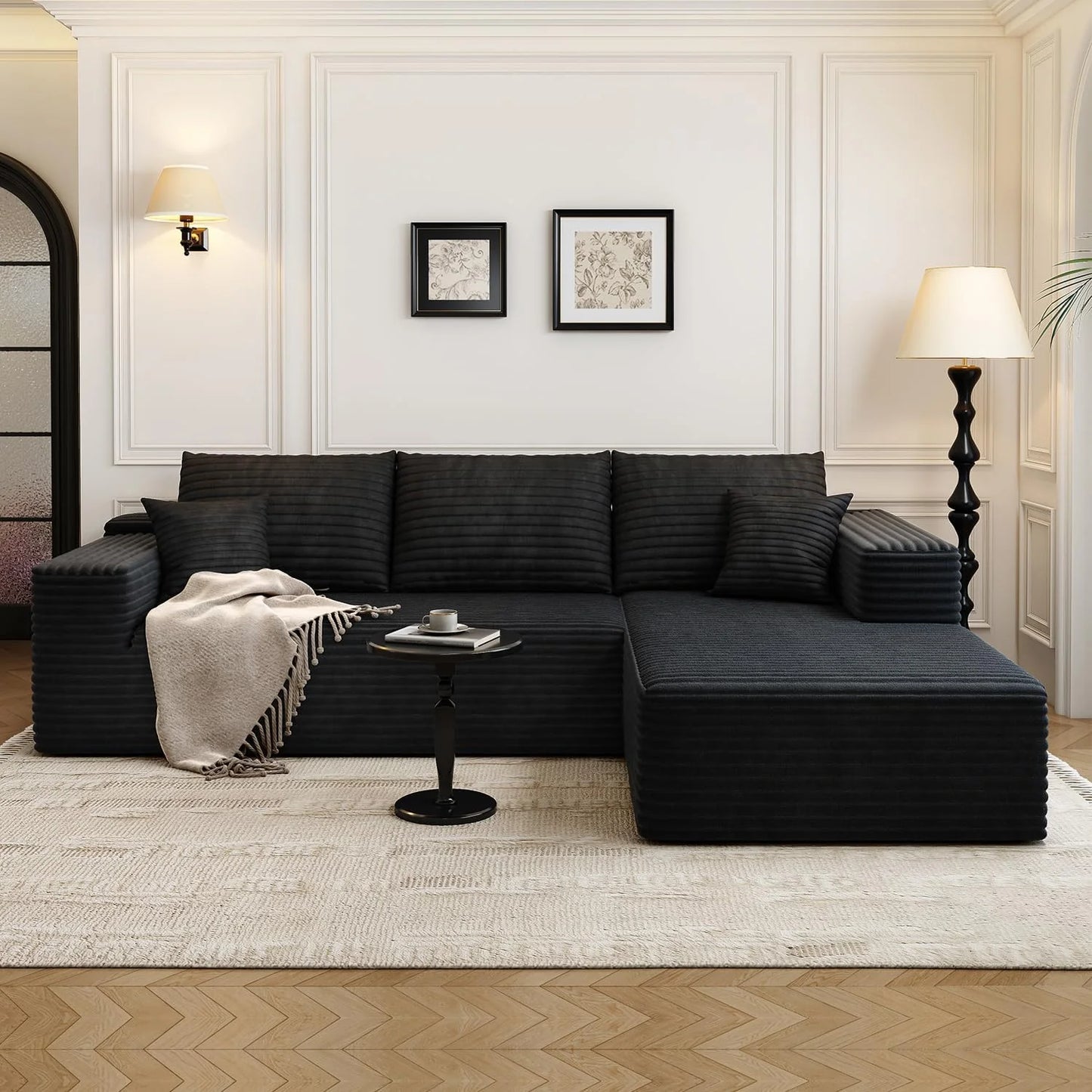 107.5" Cloud Modular Sectional Sofa Couch with L-Shape Chaise,Modern Minimalist Upholstered Couches for Living Room Bedroom,Deep Seat Corner Couch .No Assembly Required (Black,Left Facing Chaise)