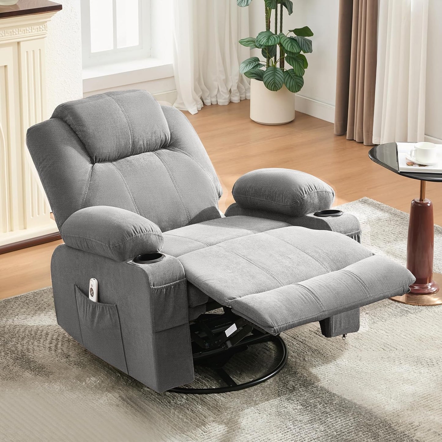 Oversized Swivel Rocker Recliner Chair with Heat and Massage, 360 Degree Swivel Rocking Single Sofa with Cup Holders and USB Port, Large Big Recliner Chair for Living Room (Leather, Brown)