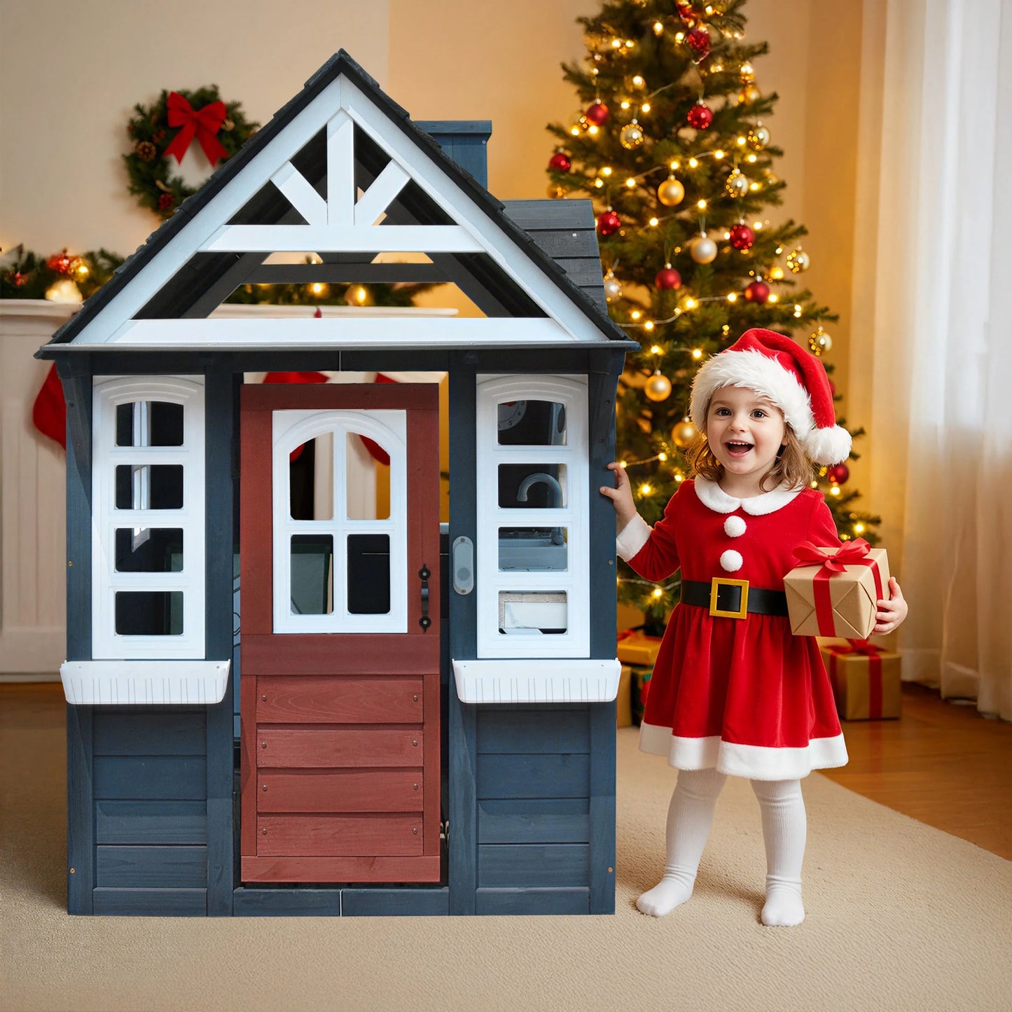 COCLUB Outdoor Playhouse for Kids Ages 4-8, Wooden Play House with Doorbell, Phone, Kitchen Toys, Outdoor Kids Play Equipment, Casa Para Ni?as (45L x 65H), White & Black
