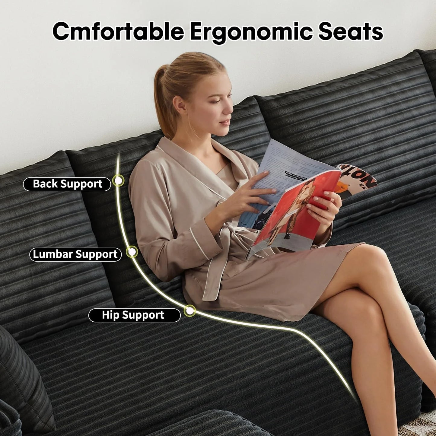 107.5" Cloud Modular Sectional Sofa Couch with L-Shape Chaise,Modern Minimalist Upholstered Couches for Living Room Bedroom,Deep Seat Corner Couch .No Assembly Required (Black,Left Facing Chaise)