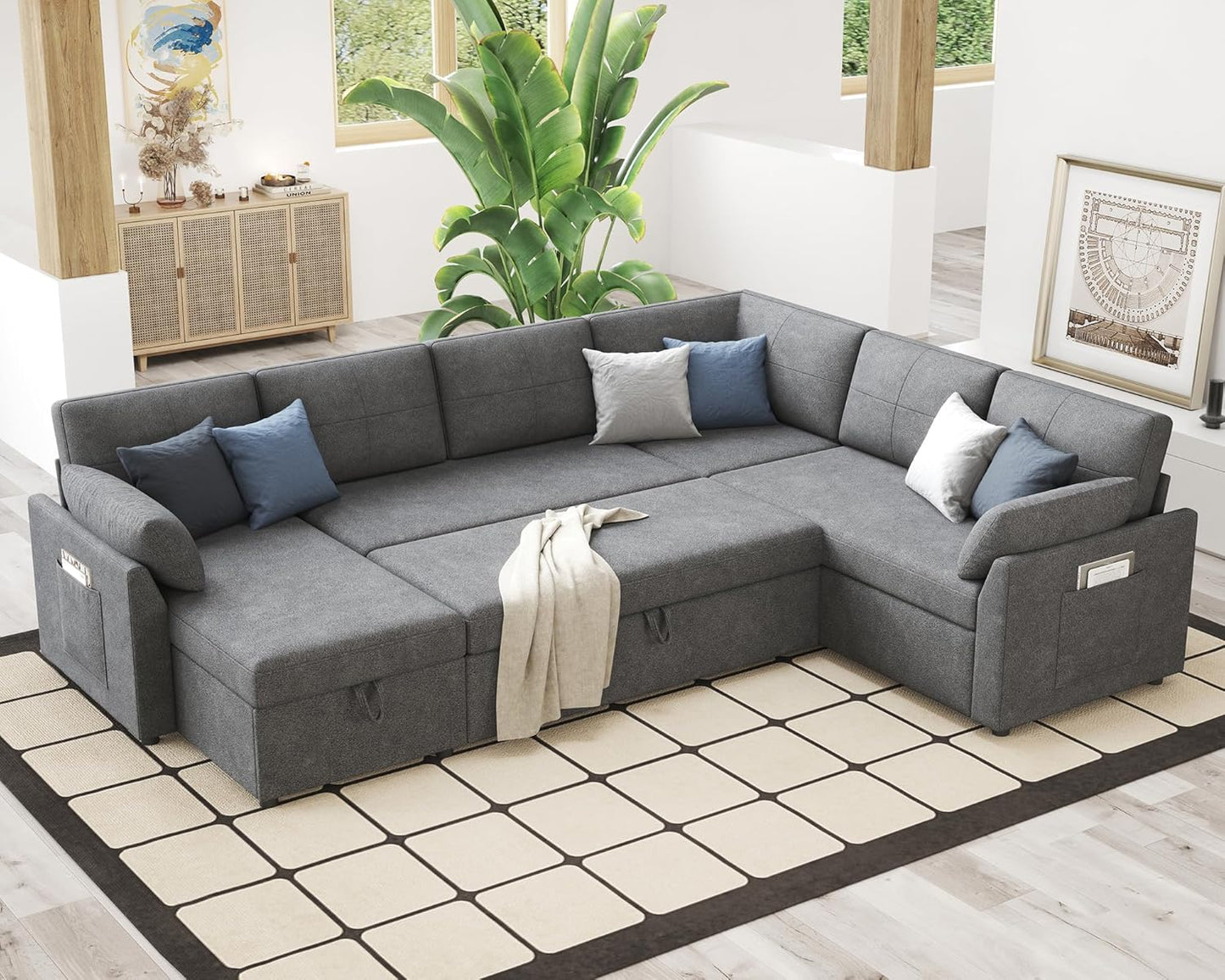 VanAcc Sofa Bed, Sleeper Sofa with Storage Chaise 2 in 1 Pull Out Couch Living Room