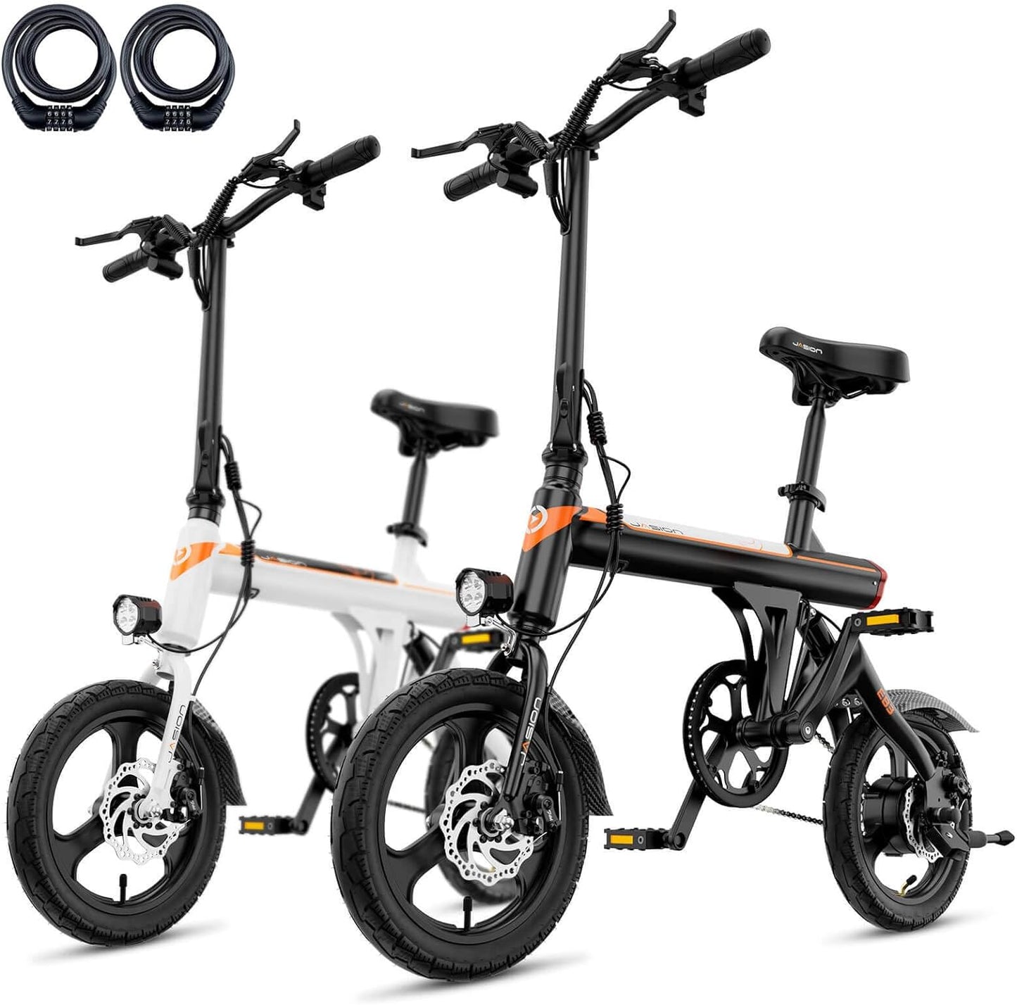 Jasion EB3 Electric Bike Adults 21mph, 500W Peak Motor, 270Wh Battery, Rear Suspension, 3 Levels Assist, 14&prime;&prime; Folding Ebike for Adults and Teens, Complies to UL2849