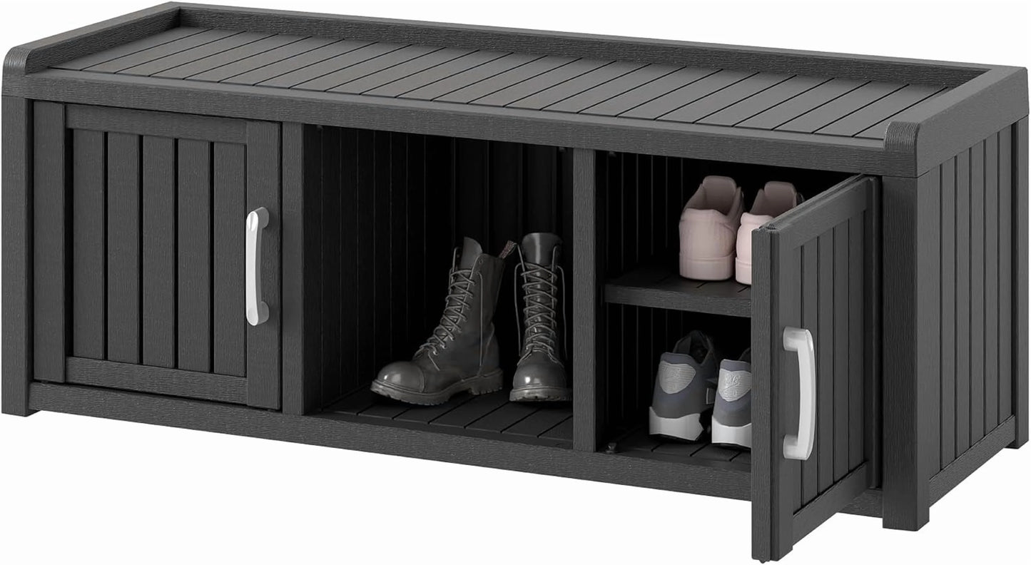 KAMABOKO Outdoor Shoe Storage Cabinet, Waterproof UV-Resistant Entryway Storage Bench Indoor Outdoor with 2 Barn Doors, Adjustable Shelves for Entryway, Bedroom, Hallway,Living Room(Black)