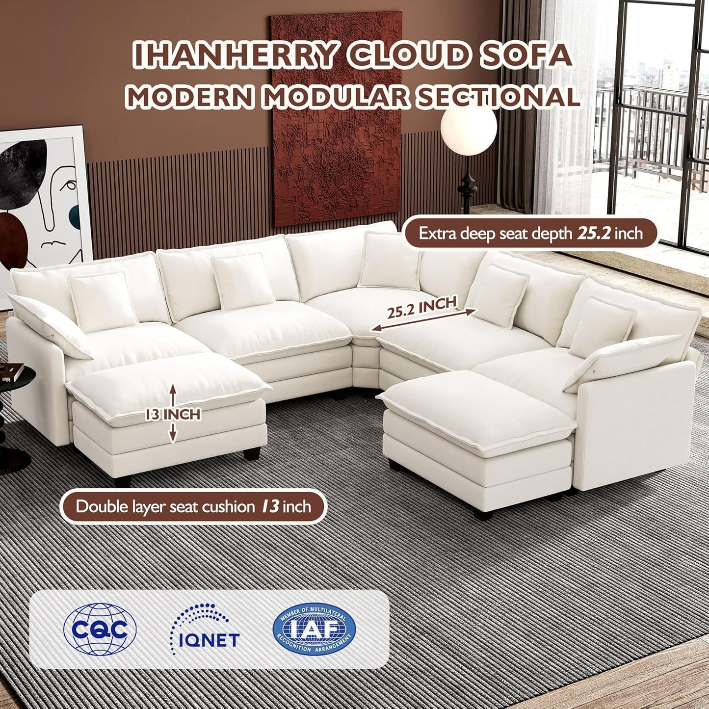 Ihanherry 146" U-Shaped Modern Sofa Modular Sectional Cloud Couch with 2 Ottoman, 6-Seat Chenille Deep Seat Sofa with 6 Pillows for Living Room, Bedroom and Apartment, Grey