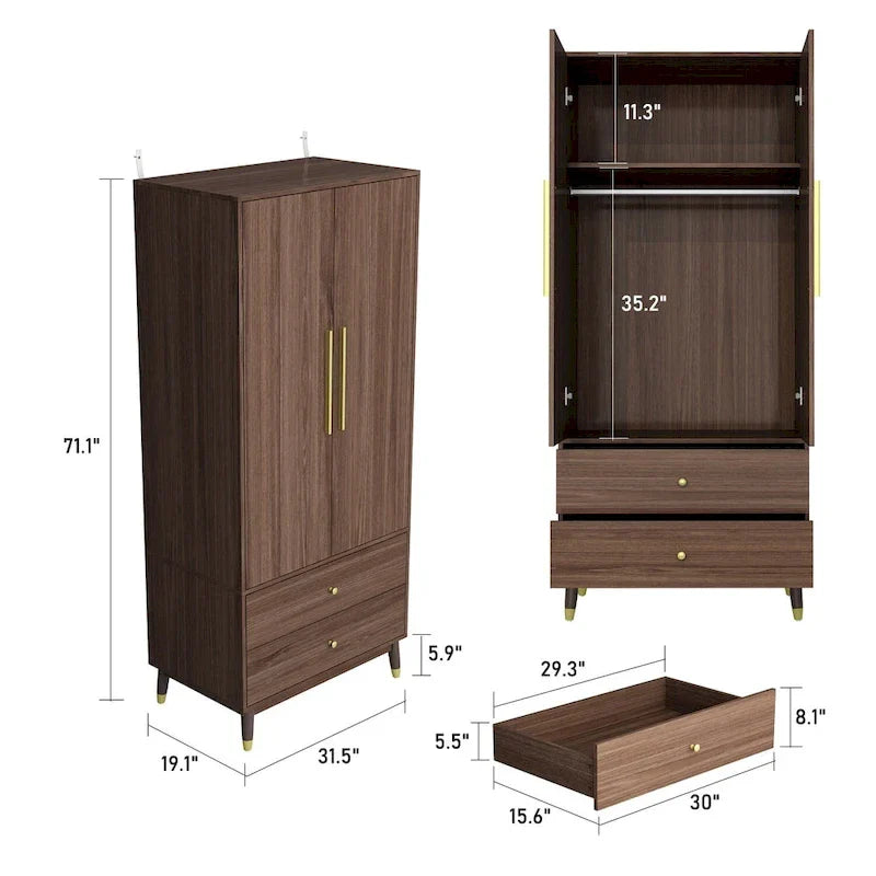 Wardrobe Closet Armoire with 2 Doors Wooden Clothes Storage Cabinet