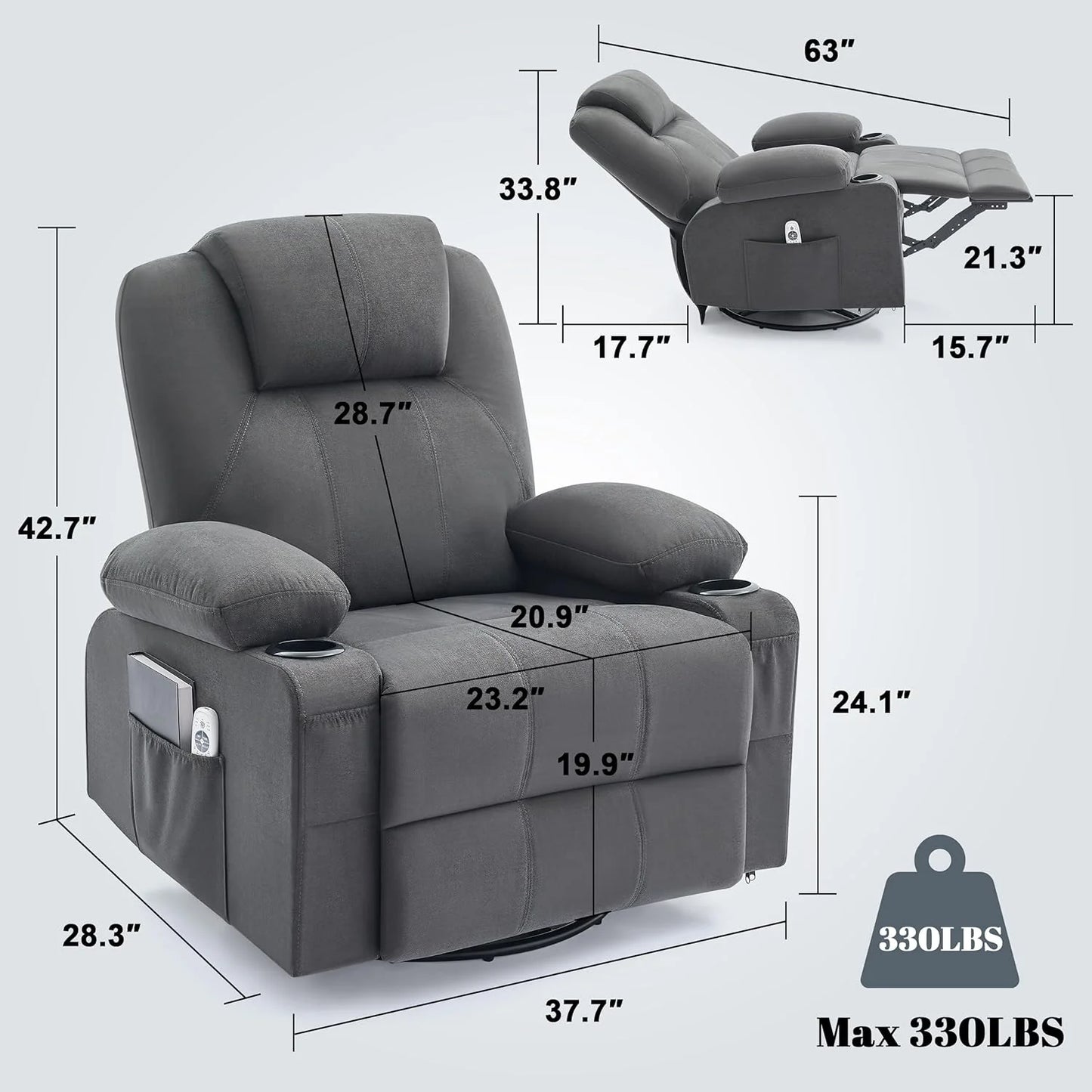 Oversized Swivel Rocker Recliner Chair with Heat and Massage, 360 Degree Swivel Rocking Single Sofa with Cup Holders and USB Port, Large Big Recliner Chair for Living Room (Leather, Brown)