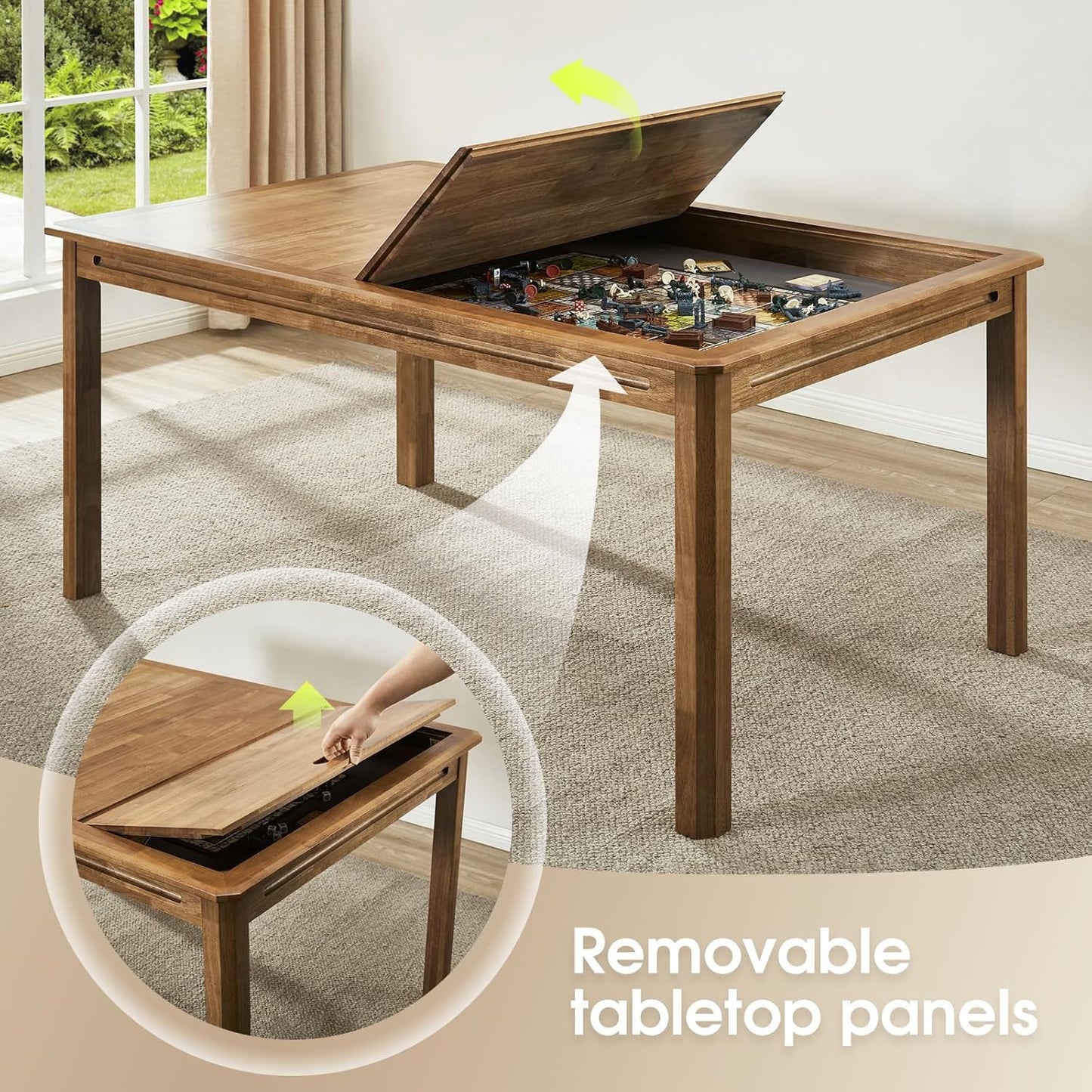 Board Game Table with Removable Top, Seats 4–6, 57"x33" Play Area