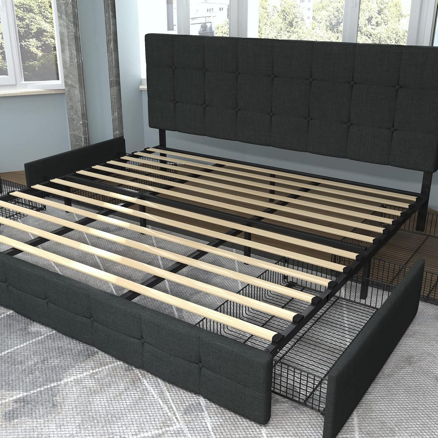 Allewie Upholstered Queen Size Platform Bed Frame with 4 Storage Drawers and Headboard, Square Stitched Button Tufted, Mattress Foundation with Wooden Slats Support, No Box Spring Needed, Light Grey