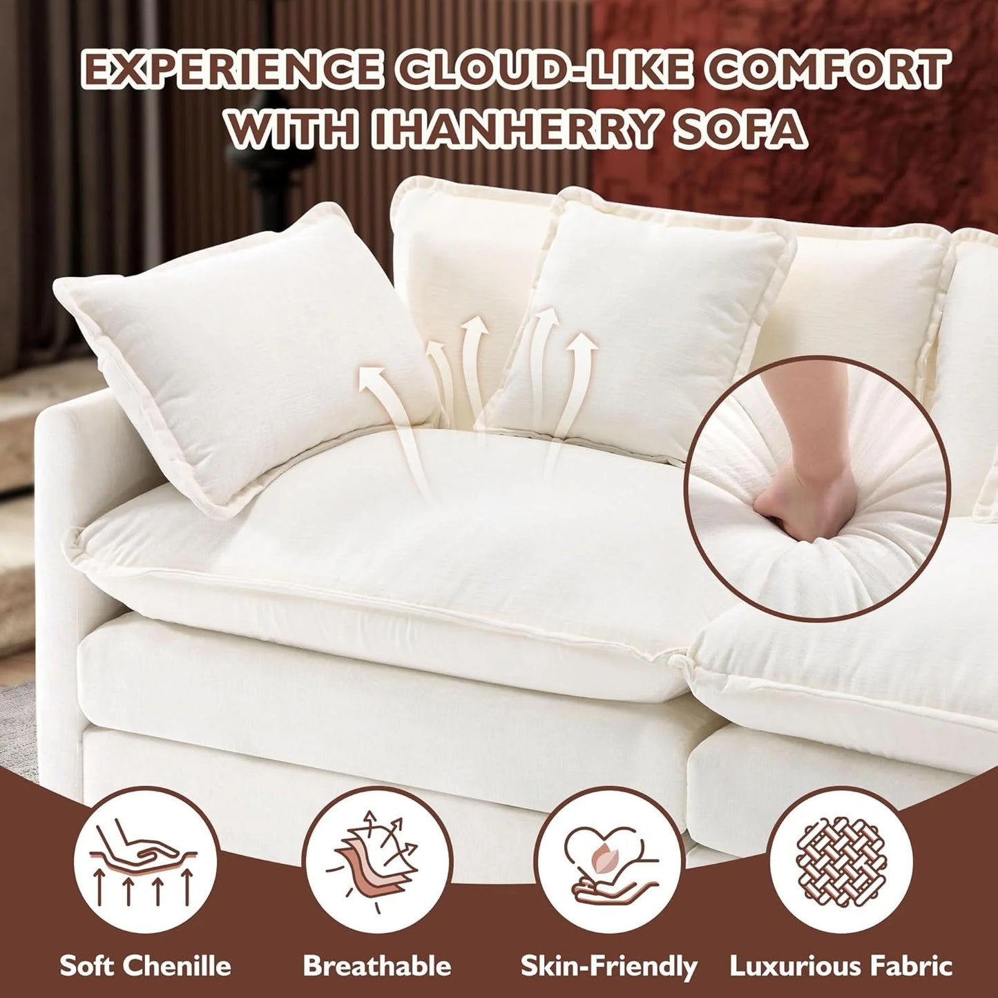 Ihanherry 146" U-Shaped Modern Sofa Modular Sectional Cloud Couch with 2 Ottoman, 6-Seat Chenille Deep Seat Sofa with 6 Pillows for Living Room, Bedroom and Apartment, Grey