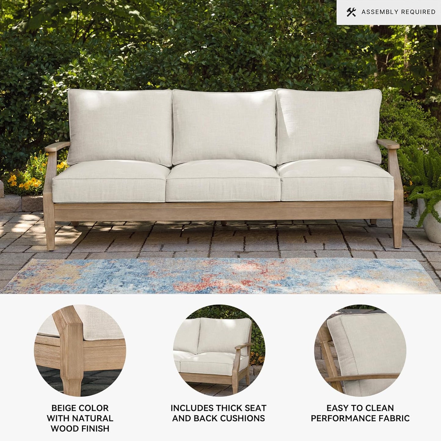 Signature Design by Ashley Clare View Coastal Outdoor Patio Eucalyptus Sofa with Cushions, Beige