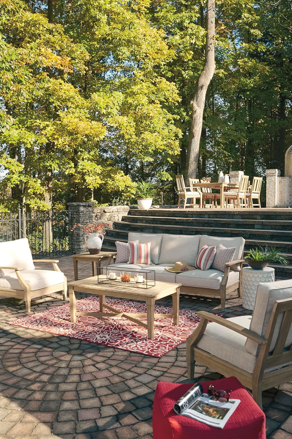 Signature Design by Ashley Clare View Coastal Outdoor Patio Eucalyptus Sofa with Cushions, Beige