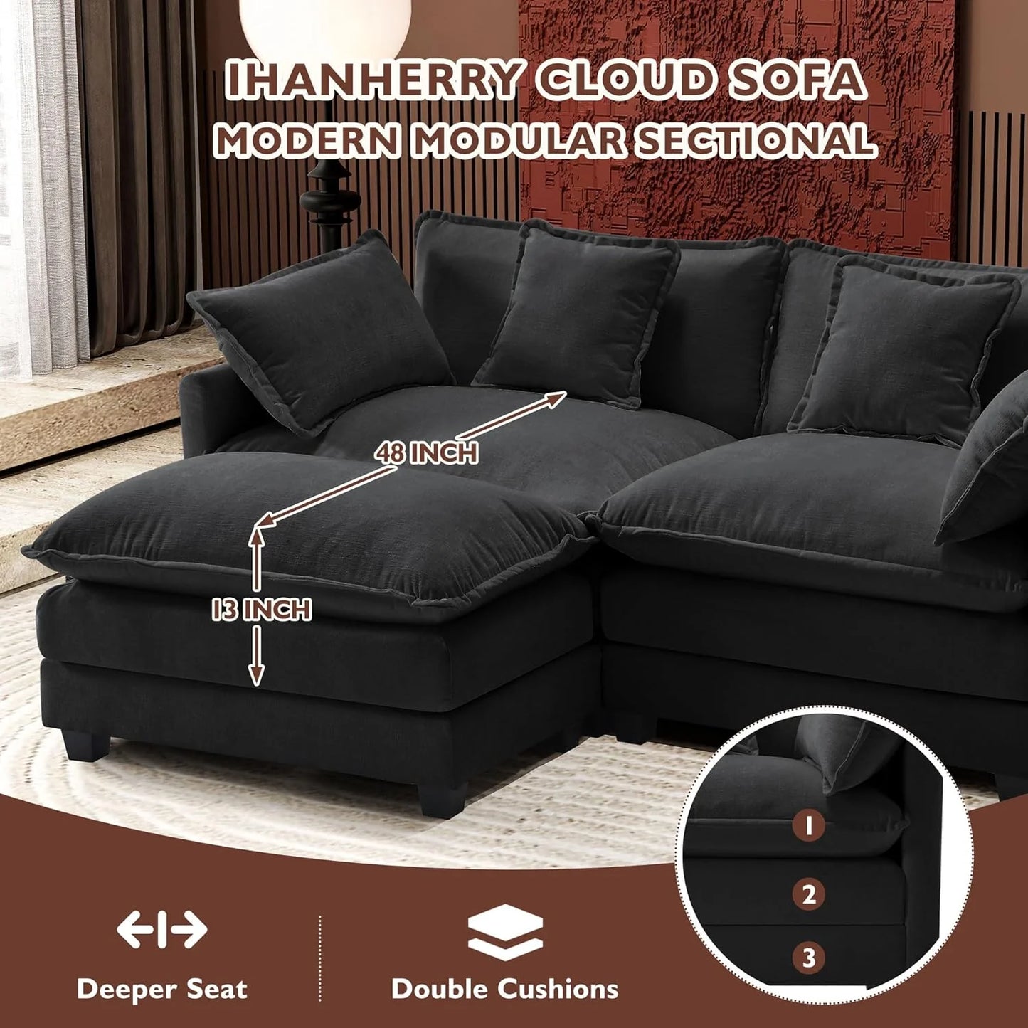Ihanherry 146" U-Shaped Modern Sofa Modular Sectional Cloud Couch with 2 Ottoman, 6-Seat Chenille Deep Seat Sofa with 6 Pillows for Living Room, Bedroom and Apartment, Grey