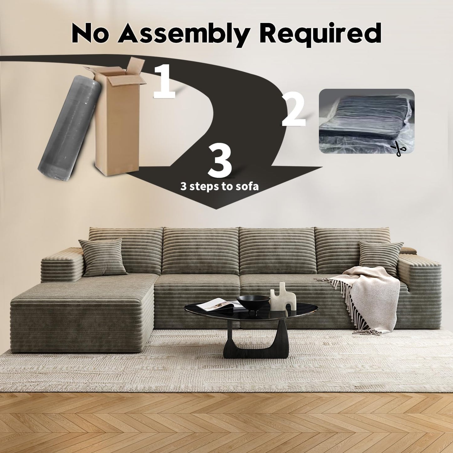 107.5" Cloud Modular Sectional Sofa Couch with L-Shape Chaise,Modern Minimalist Upholstered Couches for Living Room Bedroom,Deep Seat Corner Couch .No Assembly Required (Black,Left Facing Chaise)
