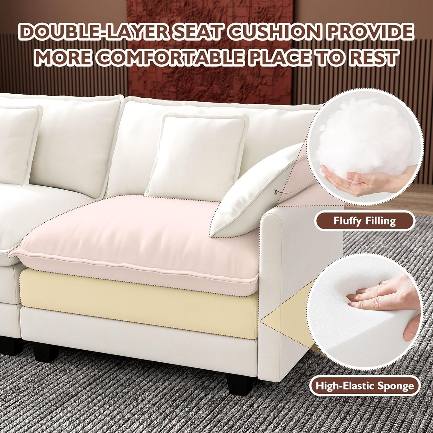 Ihanherry 146" U-Shaped Modern Sofa Modular Sectional Cloud Couch with 2 Ottoman, 6-Seat Chenille Deep Seat Sofa with 6 Pillows for Living Room, Bedroom and Apartment, Grey