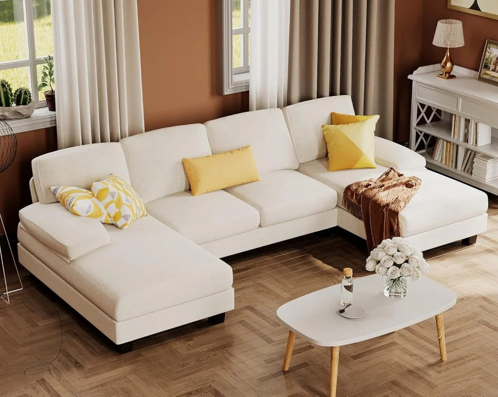 Furmax Sectional Couches for Living Room, U-Shaped Sofa Couch with Linen Fabric, 4 Seat Sofa Set with Double Chaise for Apartment (Fabric, Grey)