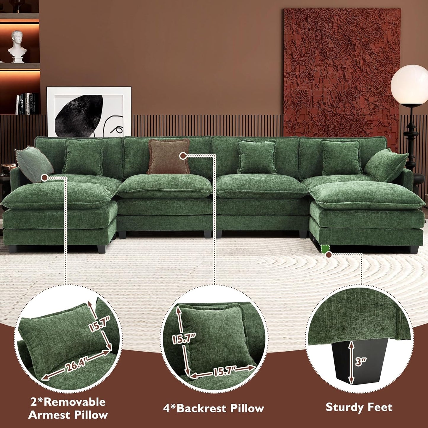Ihanherry 146" U-Shaped Modern Sofa Modular Sectional Cloud Couch with 2 Ottoman, 6-Seat Chenille Deep Seat Sofa with 6 Pillows for Living Room, Bedroom and Apartment, Grey