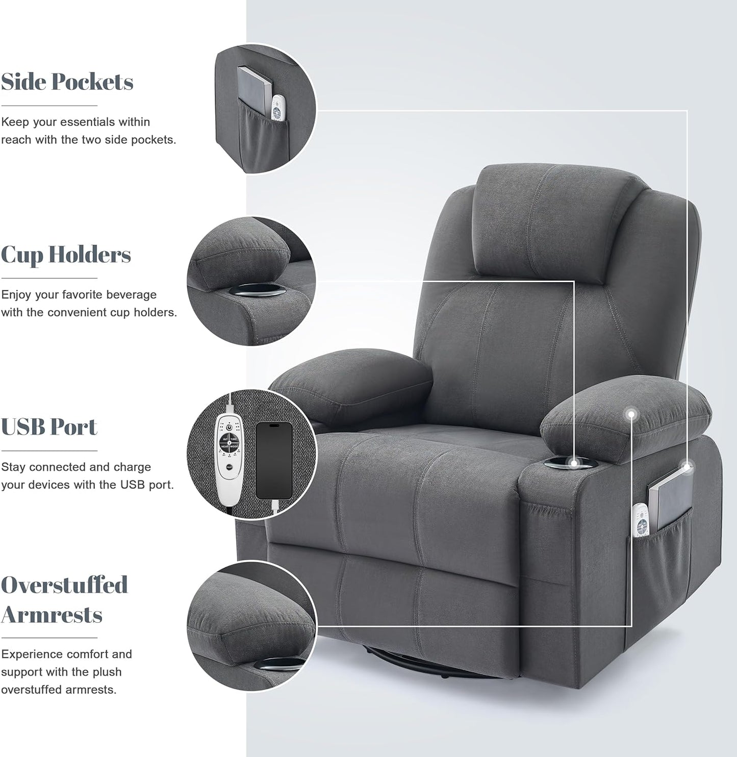 Oversized Swivel Rocker Recliner Chair with Heat and Massage, 360 Degree Swivel Rocking Single Sofa with Cup Holders and USB Port, Large Big Recliner Chair for Living Room (Leather, Brown)