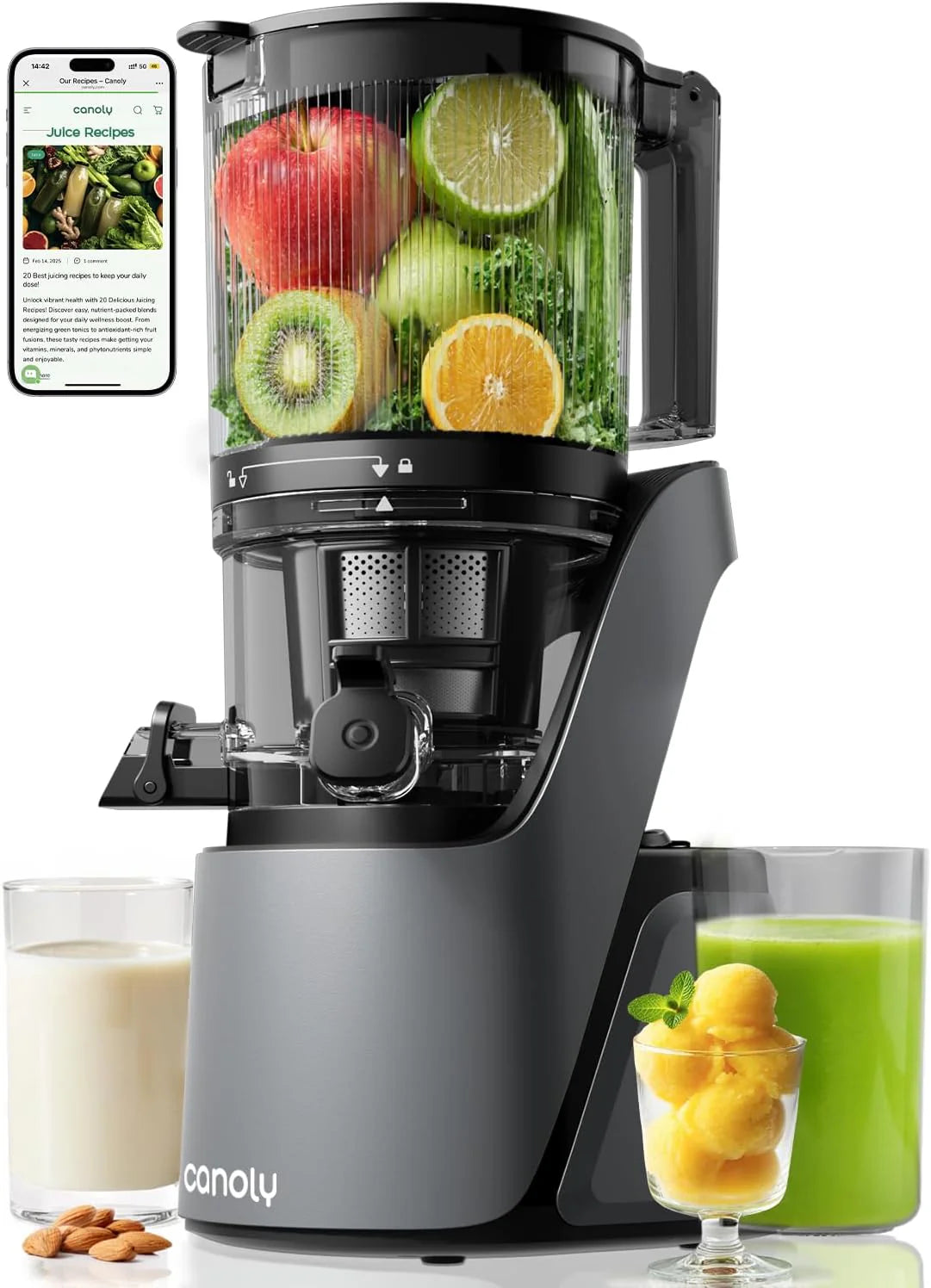 Canoly C16 Cold Press Juicer 6" Extra Wide Feed Chute 3 IN 1 Strainers AC Brushless Motor