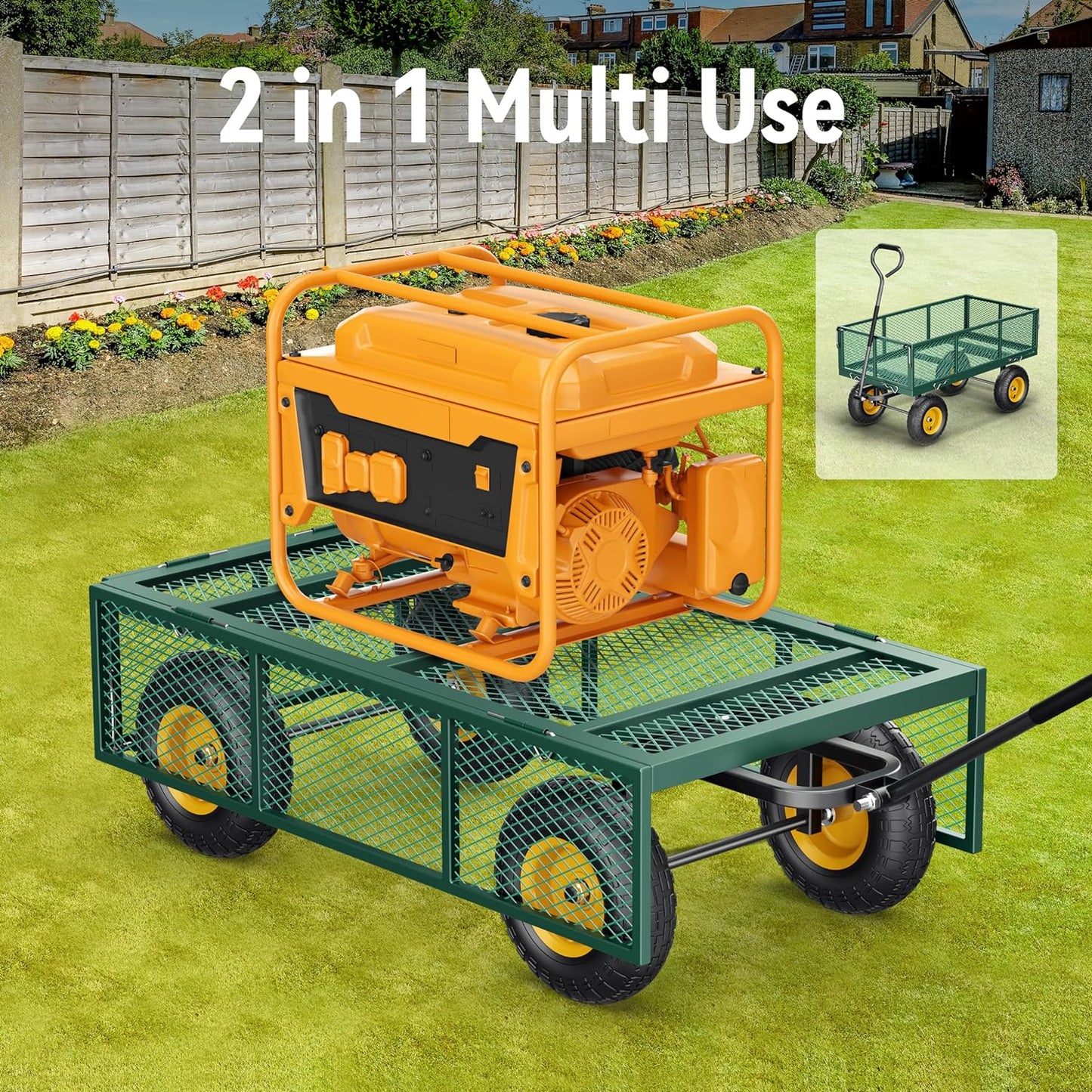 Steel Garden Cart, 2-in-1 1400 lbs Heavy Duty Utility Wagon, with Removable Mesh Sides to Convert into Flatbed, 240 U-Turn 13" Pneumatic Tires Garden Wagon for Farm Yard Lawn Garden Camping