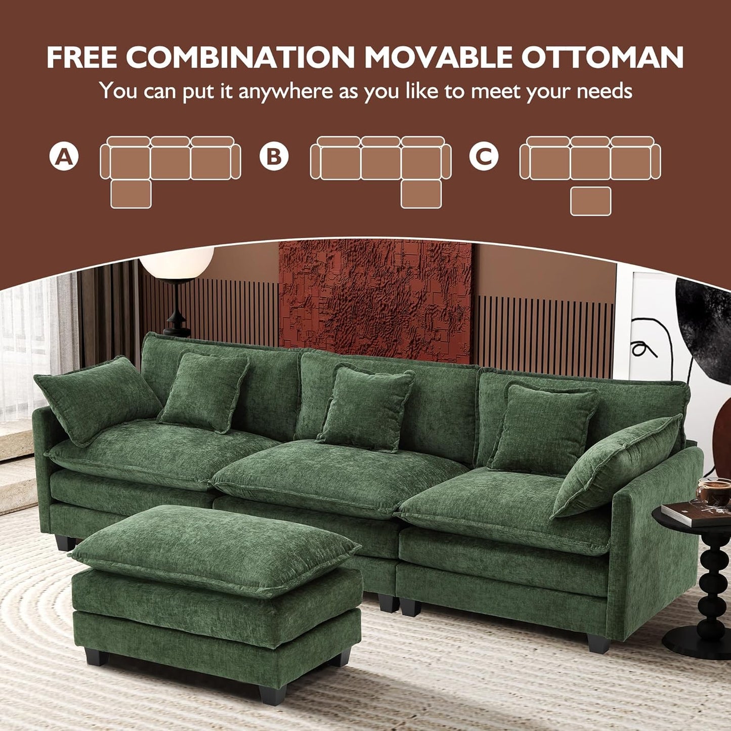 111.4 Inch L-Shaped Modern Sofa Modular Cloud Sofa Ottoman 4-Seater Chenille Deep Seat Sofa